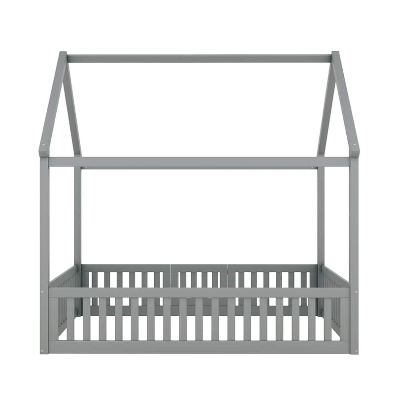 Fun House Platform Bed with Fence and Door, Wooden Floor Bed Frame with Roof, Distressed Washed Finish,for Kids Girls Boys