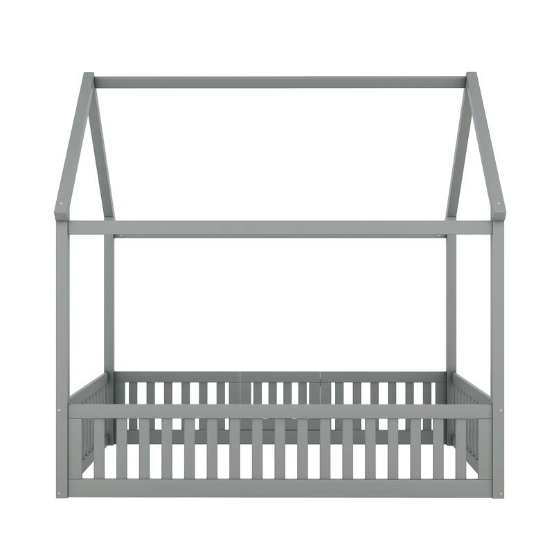 Pine House Floor Bed with Door, Fence & Roof
