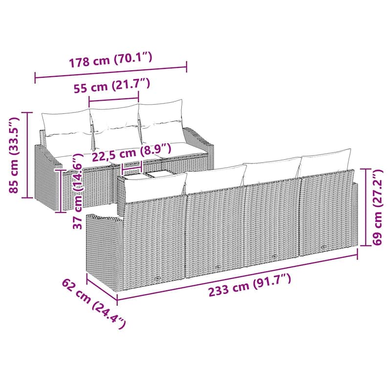 vidaXL 8 Piece Garden Sofa Set with Cushions - 91.7×24.4×27.2
