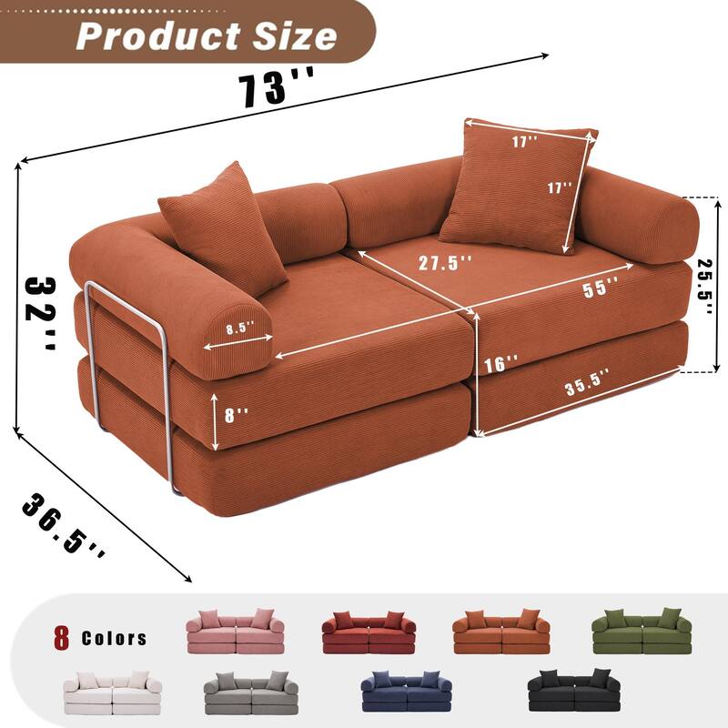 Modular Couch Sofa Bed, Convertible Design with Removable Armrests,Folding Mattress Couch for Small Spaces ,No Assembly