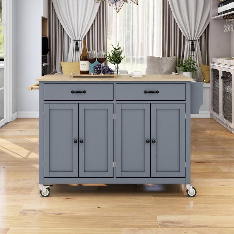 Kitchen Island Cart with Solid Wood Top, 4 Door Cabinet, 2 Drawers, Spice & Towel Rack, Locking Wheels, 54.3" - White