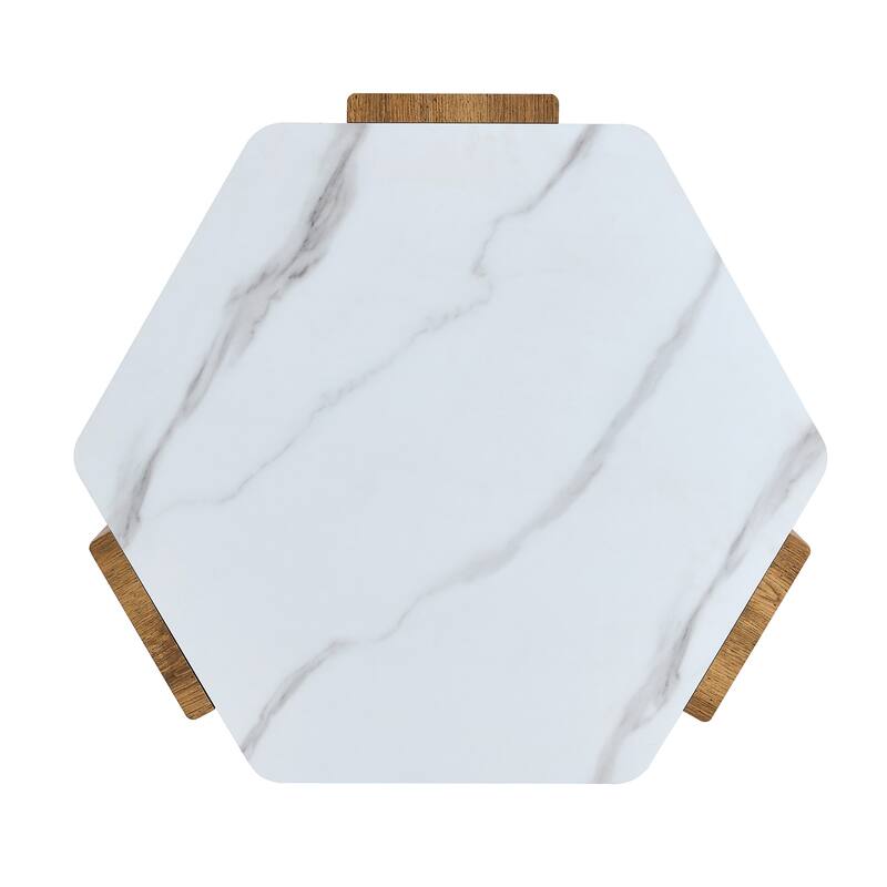 Faux Marble Top Hexagon Coffee Table Cocktail Table with Wooden Triangular Base