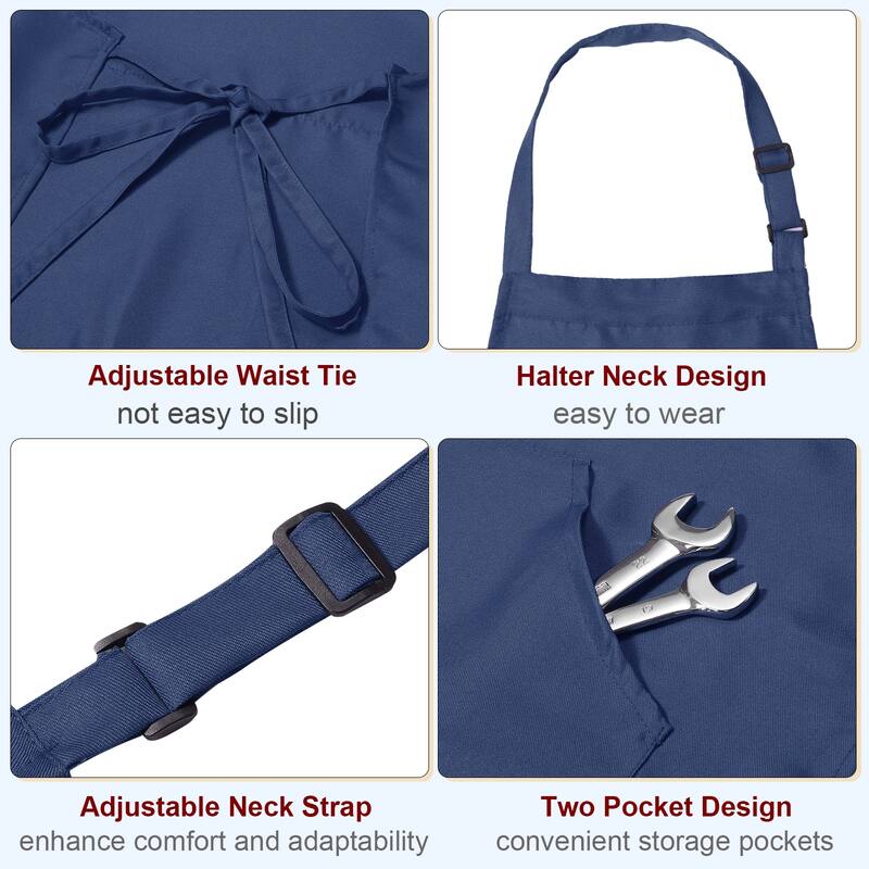 Kitchen Cooking Aprons Adjustable Long Ties Chef Apron with 2 Pockets - Navy Blue - 75x68cm