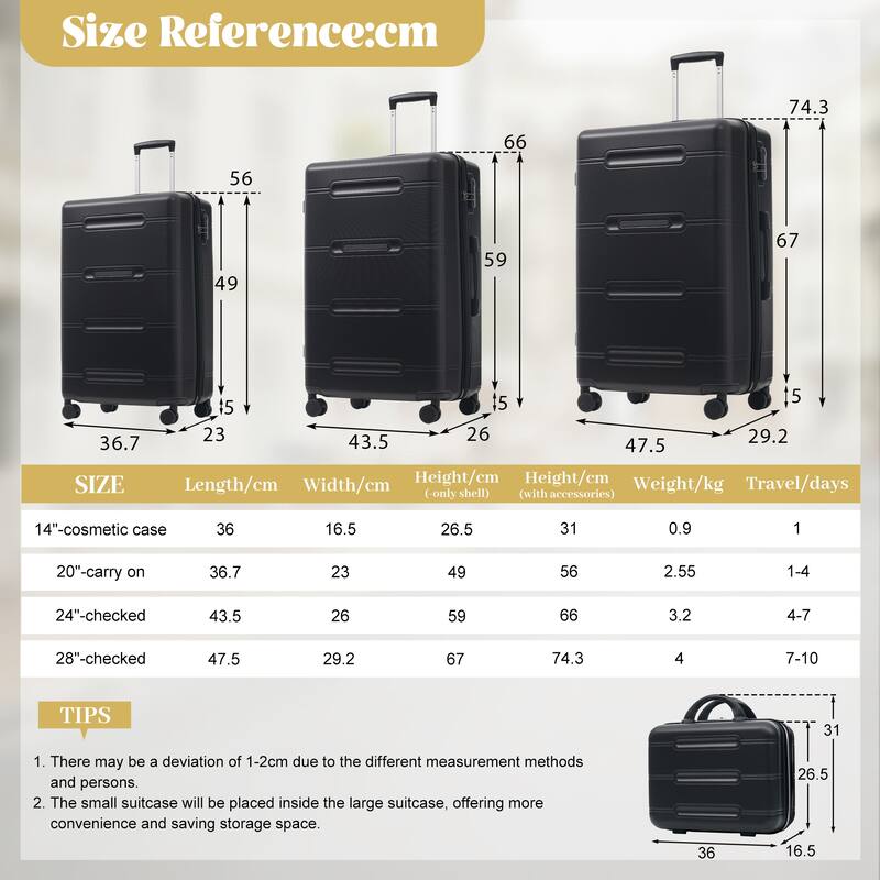 6 Piece Luggage Set, with Double Spinner Wheels Handle Password Lock, 14 IN Cosmetic Case 20/24/28 IN Luggages with Bag