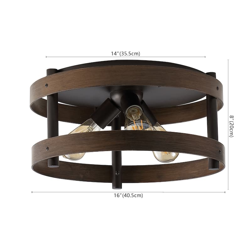 Paulina 16" 3-Light Farmhouse Industrial Iron LED Flush Mount, Brown Wood Finished/Oil Rubbed Bronze by JONATHAN Y