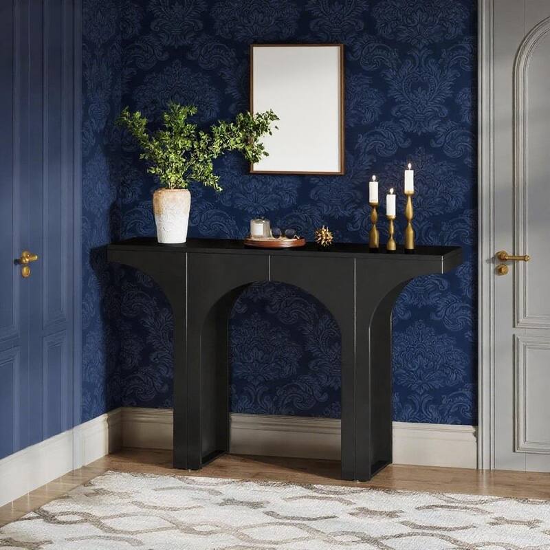 Black Wood Console Table with Arched Base and Sturdy Display - 47.24” L x 11.81” W x 33.86” H