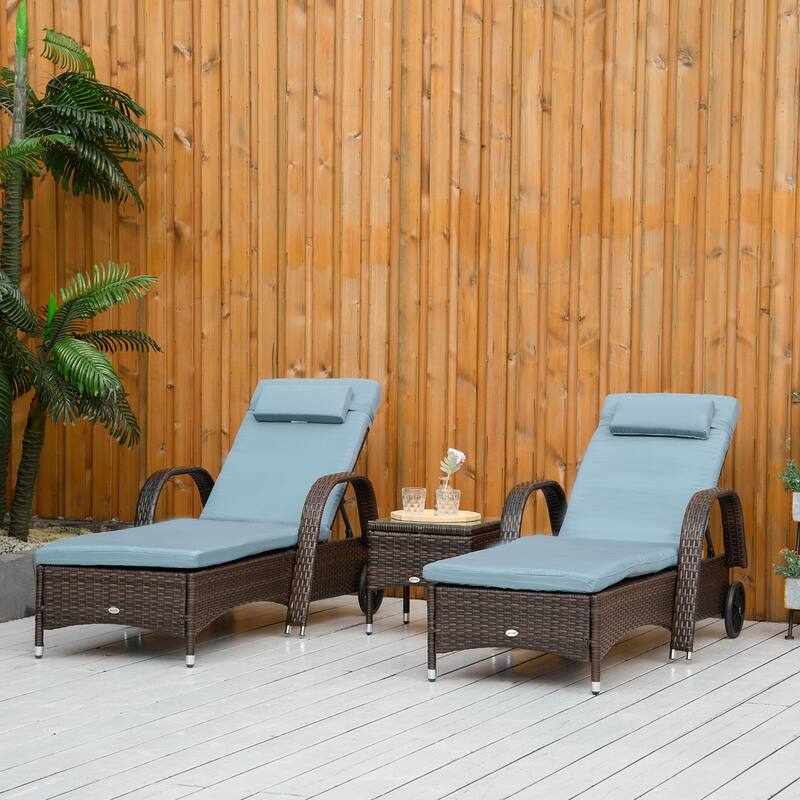 Outsunny 3 Pieces Patio Wicker Chaise Lounge Chair Set, Adjustable Outdoor PE Rattan Cushioned Lounge Set of 2 with Armrests - Brown and Grey