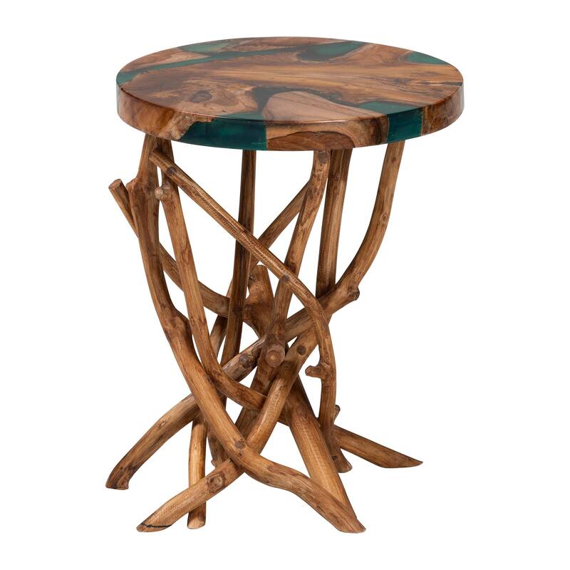 Amada Teak Wood Epoxy Resin End Table - Round Live Edge Side Table with Branch Legs, Handcrafted Modern Rustic Accent Table