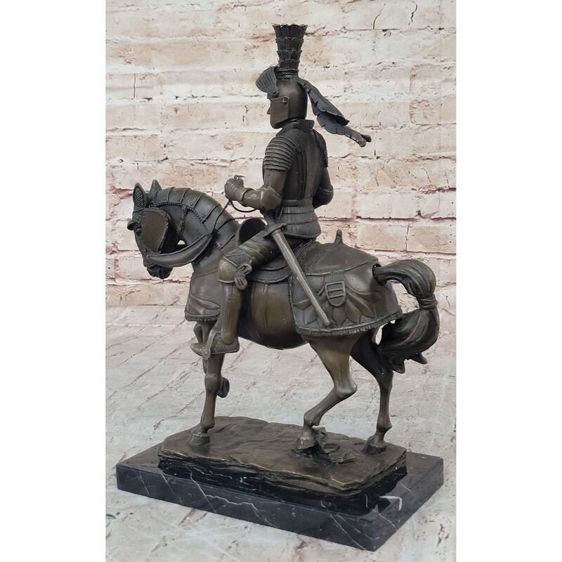 Medieval Chivalrous Knight On Imitative Horseback Bronze Sculpture Statue On Marble Base