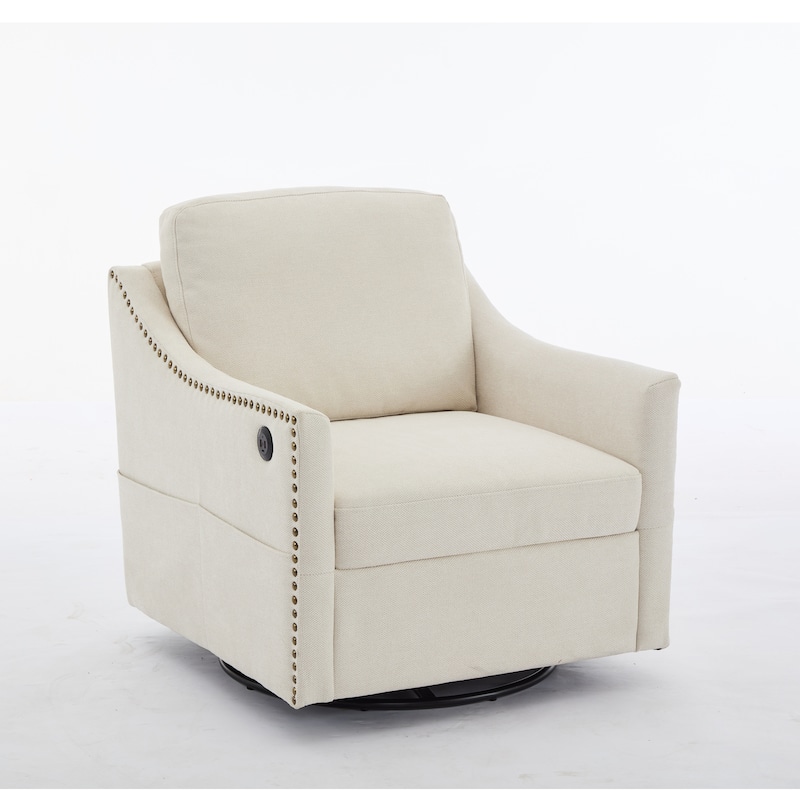 Wood+Fabric 360° Swivel Accent Chair with USB Port and Magazine Pockets