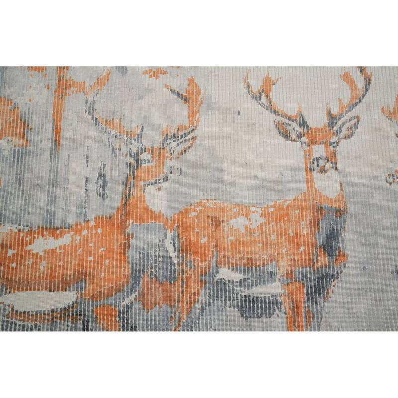 Hand Knotted Oriental Viscose Silk Carpet Modern Animal Pictorial Greys & Charcoal Abstract Area Rug - 7' 9'' X 5' 5''