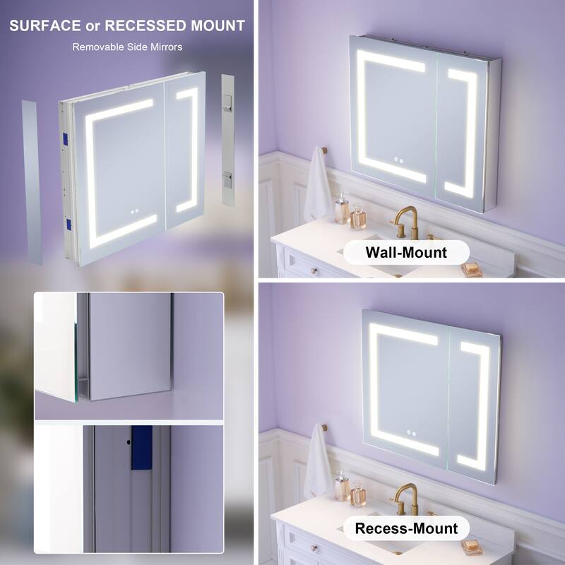 30" H Recessed or Surface LED Mirror Cabinet with Adjustable Glass Shelves,Defogger, Dimmer And Outlets & USB Ports