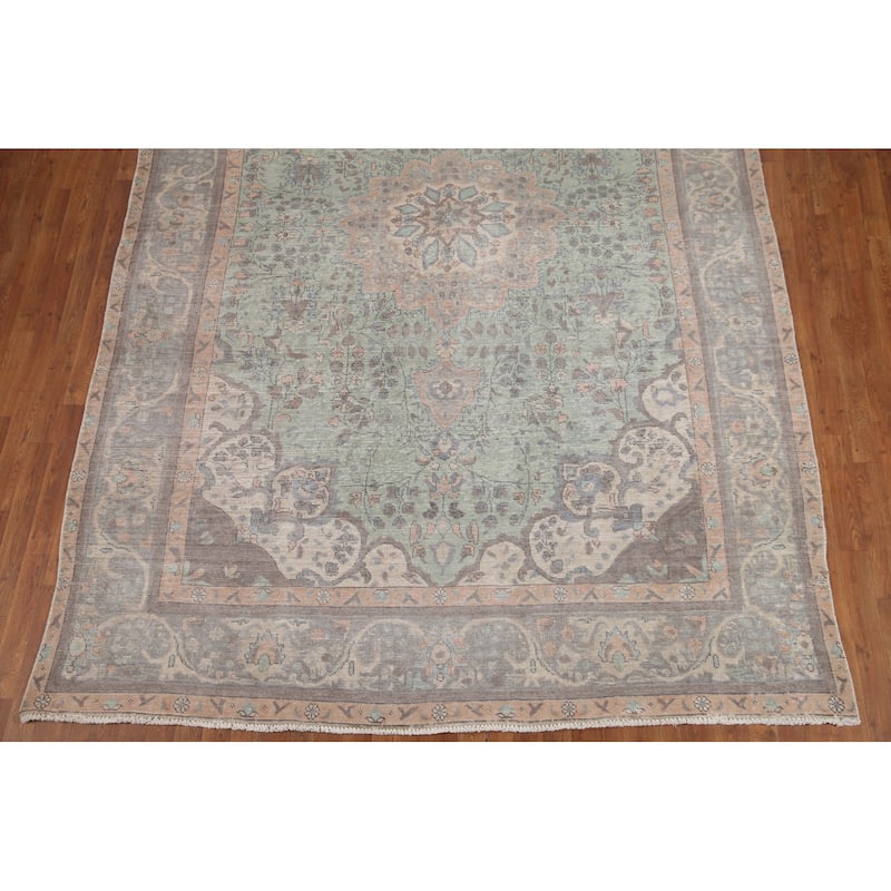 Hand Knotted Oriental 100% Wool Carpet Traditional Floral Green Tabriz Area Rug - 11' 7'' X 8' 1''