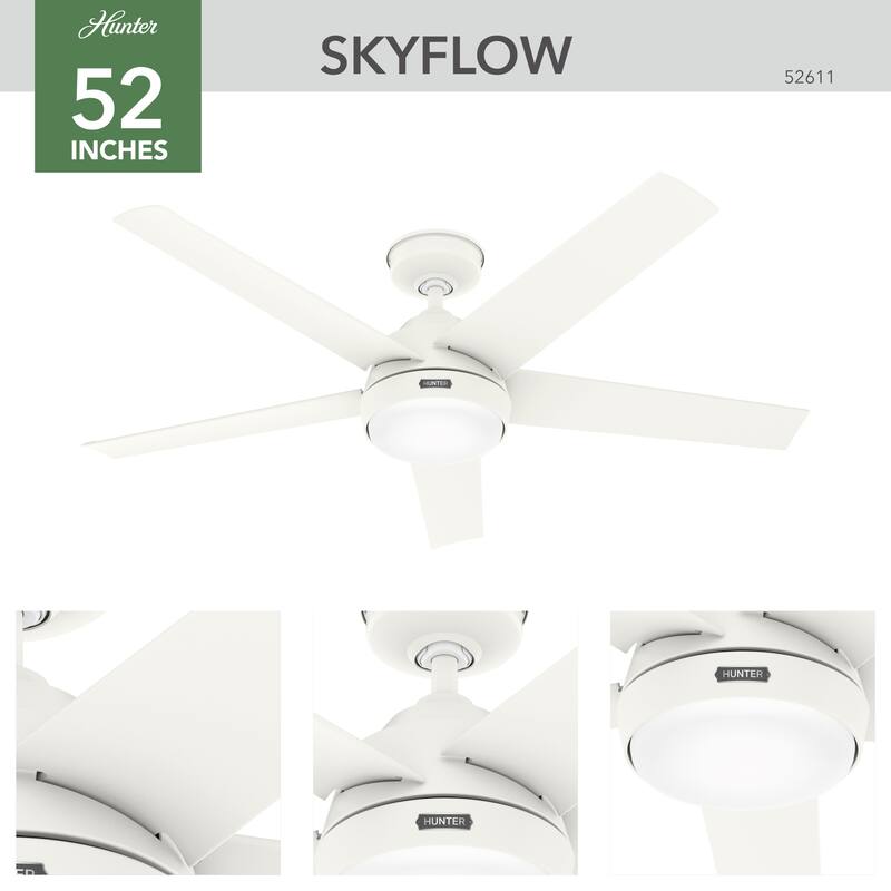 Hunter 52" Skyflow Outdoor Ceiling Fan w/ LED Light Kit, Wall Control - Coastal Modern Contemporary - WeatherMax - WET-RATED!