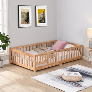 Simple Lodge Design Queen Size Platform Bed,Solid Pine Wood Bed Frame with Fence,Safety Guardrails with Door