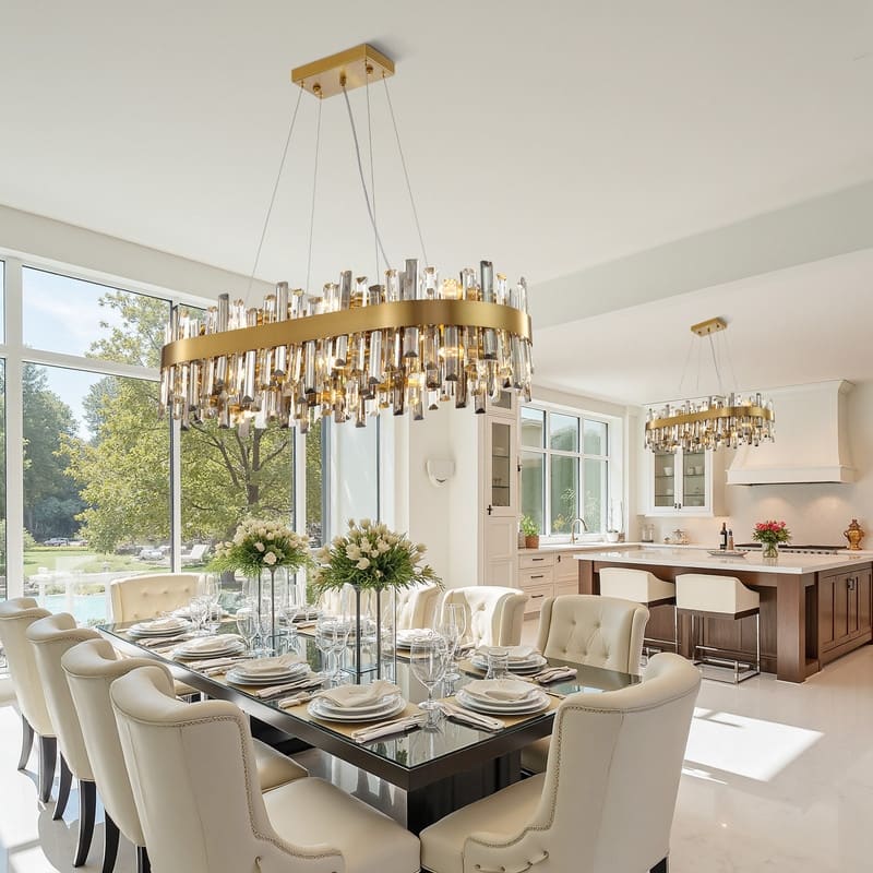 35.4'' Modern Crystal Chandelier 16-Light Rectangle Gold Brass Chandelier Luxury 2-Tier Crystal Pendant Light for Kitchen Island