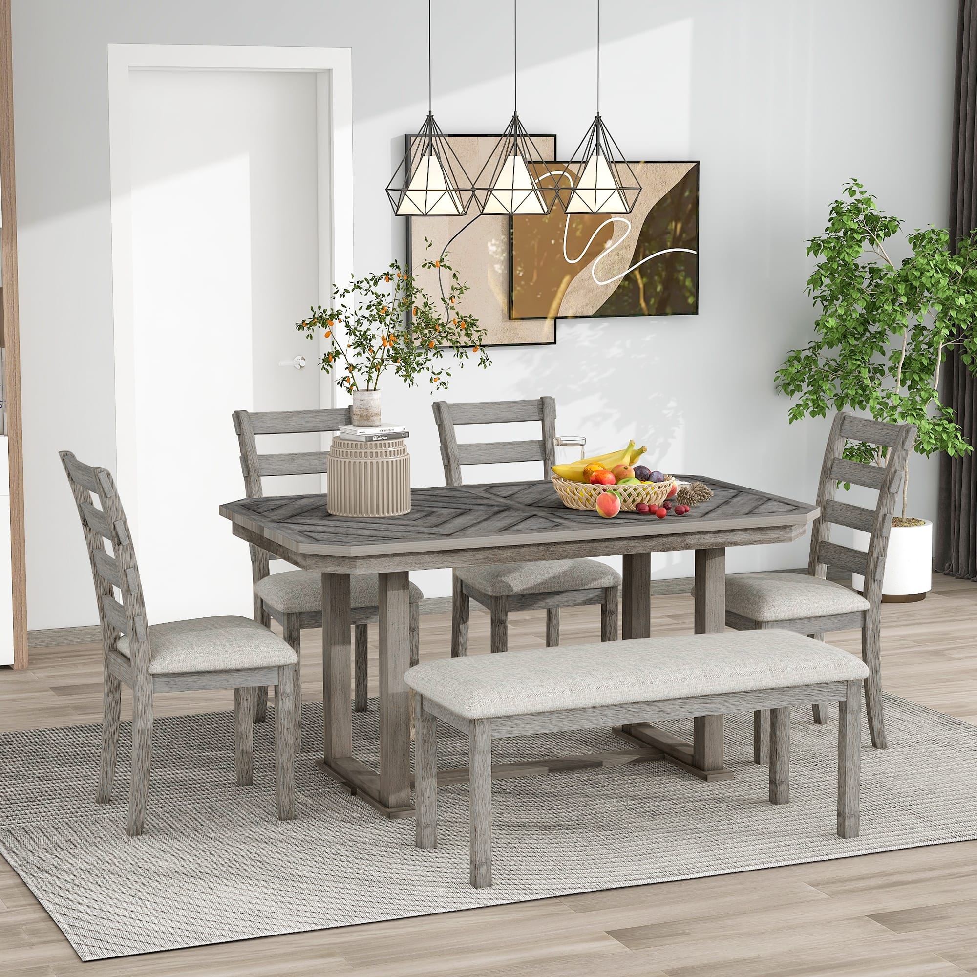 6Piece Distressed Dining Table Set with Soft Upholstered Chairs & Bench Rustic Charm, Rubber