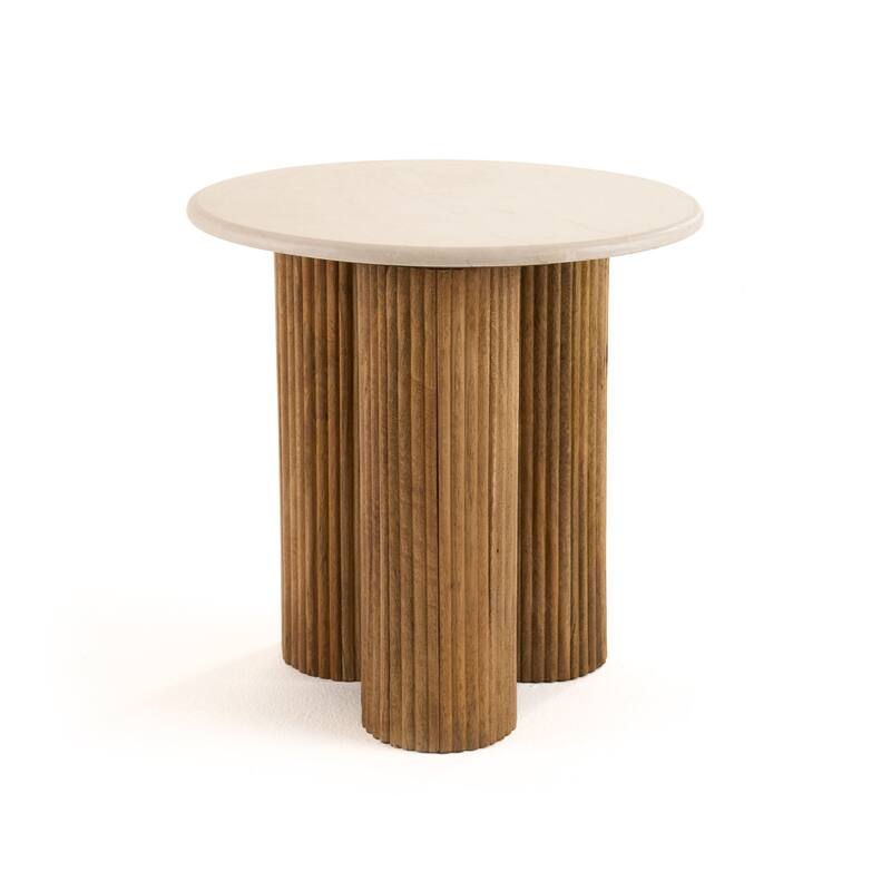 Cid Den End Table, Brown Wood, Round Botticino Marble Top, 20 Inch