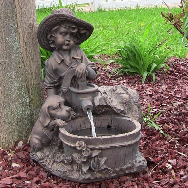 Sunnydaze Boy with Dog Solar on Demand Water Fountain w/ Light - 15.5 Inch Tall