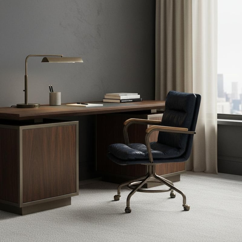 Navy Blue and Dark Brown Adjustable Swivel Leather Rolling Executive Office Chair - Navy Blue