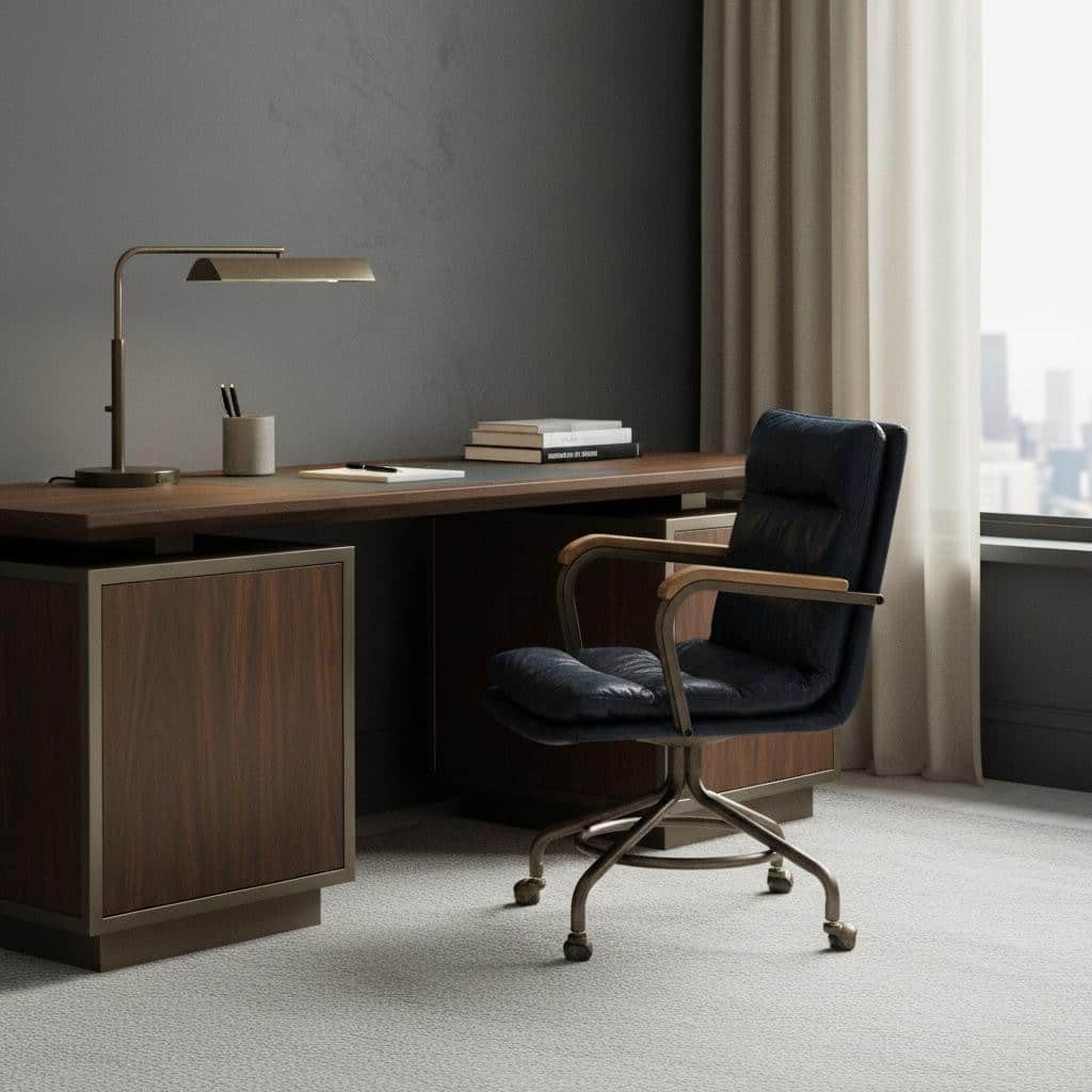 Navy Blue and Dark Brown Adjustable Swivel Leather Rolling Executive Office Chair