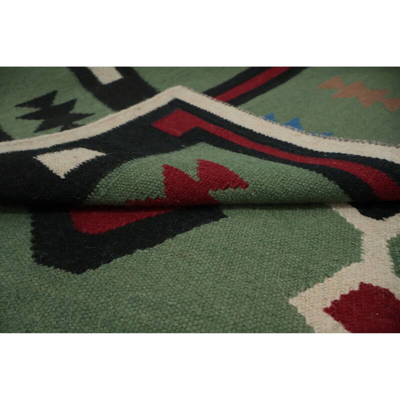 Hand Woven Oriental 100% Wool Carpet Southwestern Tribal Green Kilim Area Rug - 9' 8'' X 5' 1''