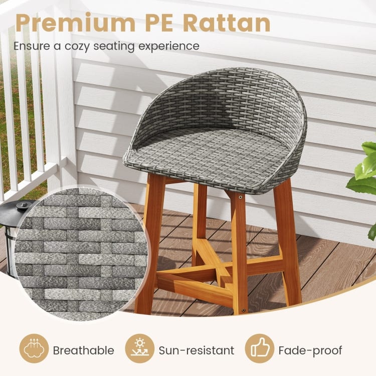 Acacia Wood and Rattan Patio Bar Stools Set of 2 with Backrest and Armrests - 21" x 19" x 32.5" (L x W x H)