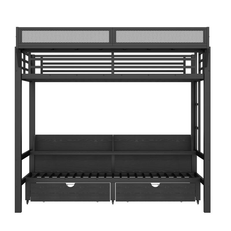 Twin XL over Twin XL Bunk Bed with Storage & Drawers, USB Ports & LED Lights, Convertible Sofa Lower Bed