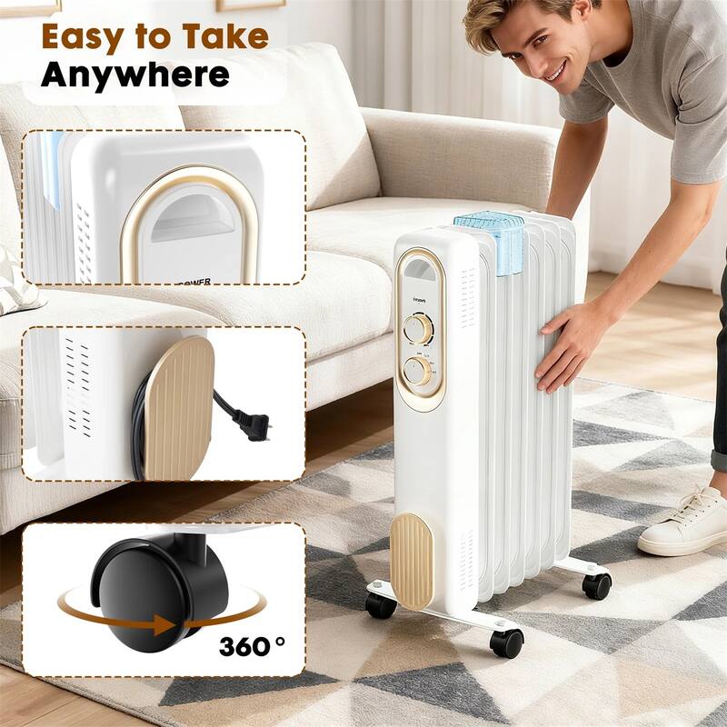 Oil Space Heater, Portable Radiator Heater with 3 Heat Settings, 1500W Thermostat, Tip-Over Protection