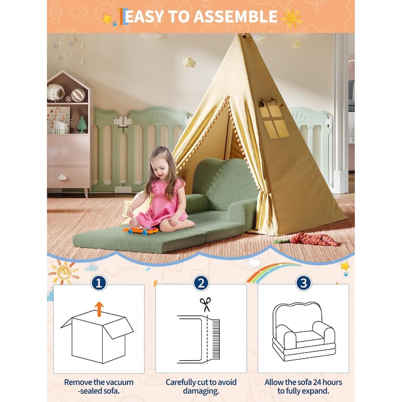 Kids Couch, 2-in-1 Convertible Teddy Fleece Fabric Toddler Sofa Chair