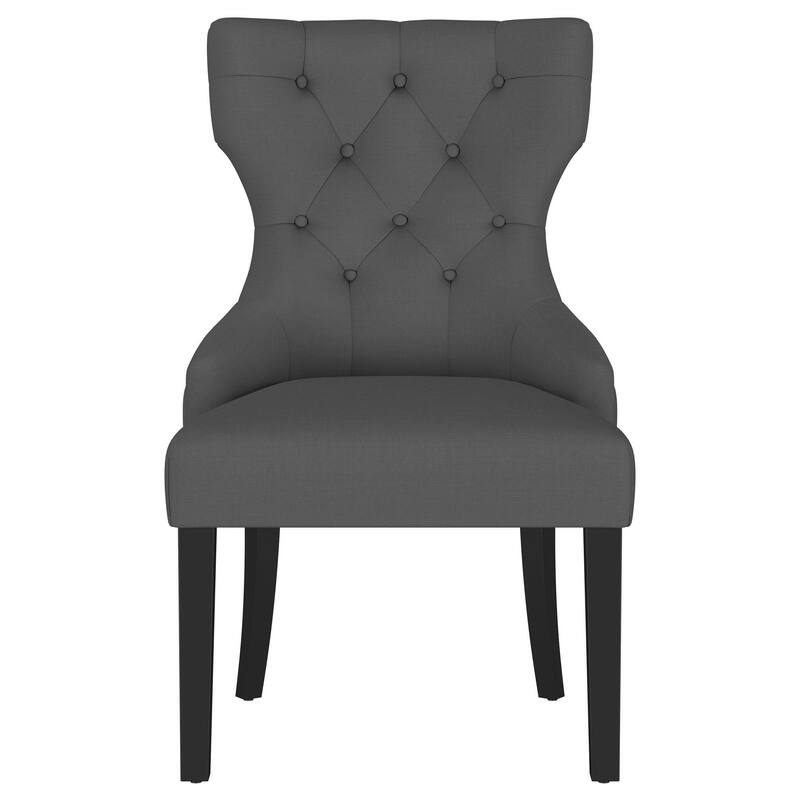 Aney Dining Side Chair, Curved Barrel Design, Gray Fabric, Black Wood