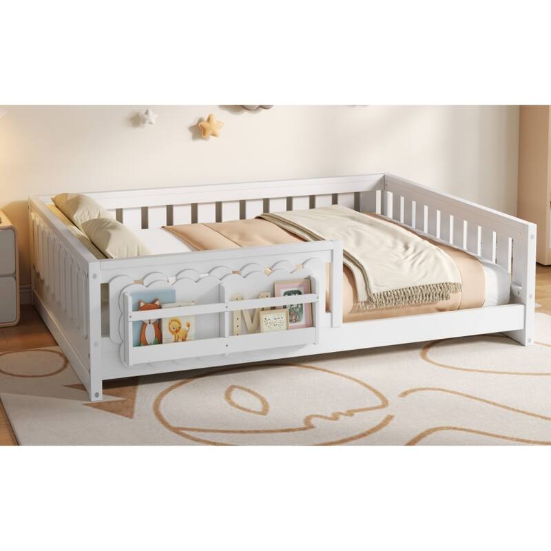 Roomfitters Full Size Wood Platform Bed with Guardrail and 2 Bookshelves