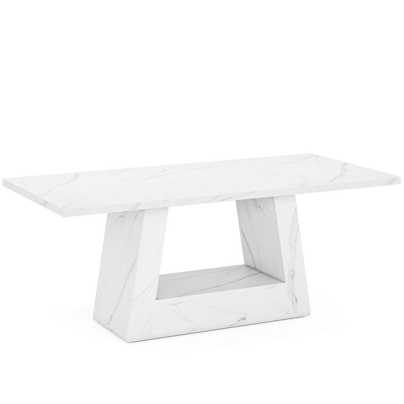 63" Modern Rectangular Dining Table for 4 to 6 People, White Faux Marble Kitchen Table