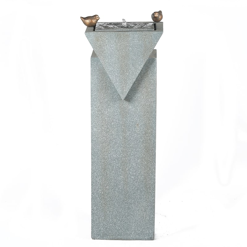 Patina Gray Resin Pillar Birds Bubbler Outdoor Fountain with LED Light - 41.70" H x 14.2" W x 11" D