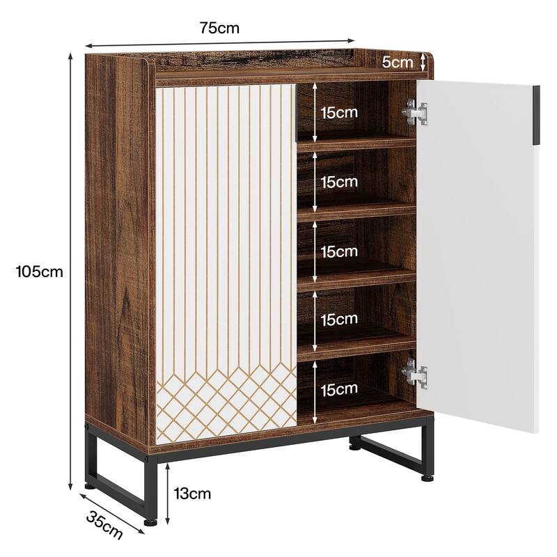29" Brown & White Shoe Cabinet with Doors, 5 Tiers