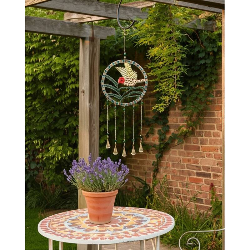 Wood Metal Mosaic Hummingbird Wind Chime Hanging Decor - 35" Green - 12" x 1.25" x 35"