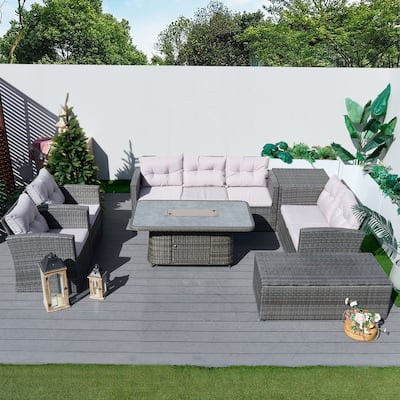 7-Piece PE Wicker Patio Fire Pit Sofa Set with Adjustable Propane Fire Table and Storage Side Tables