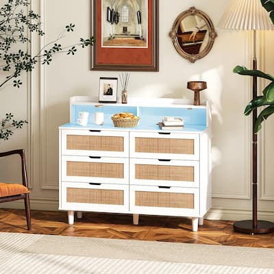 6 Drawers Dresser for Bedroom, Rattan Storage Cabinet with LED Lights and Power Outlet, Rattan Dresser with Spacious Storage