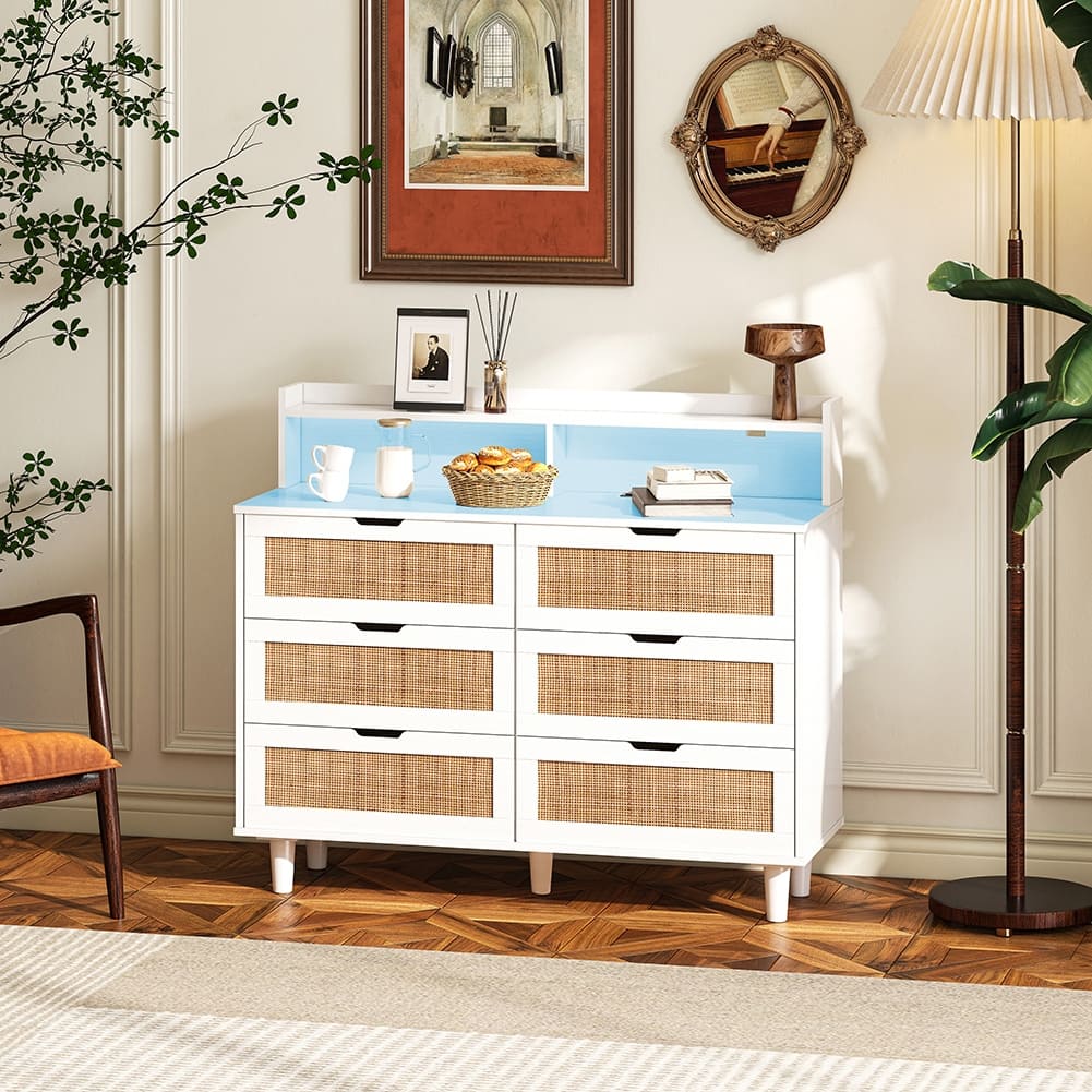 6 Drawers Dresser for Bedroom, Rattan Storage Cabinet with LED Lights and Power Outlet, Rattan Dresser with Spacious Storage