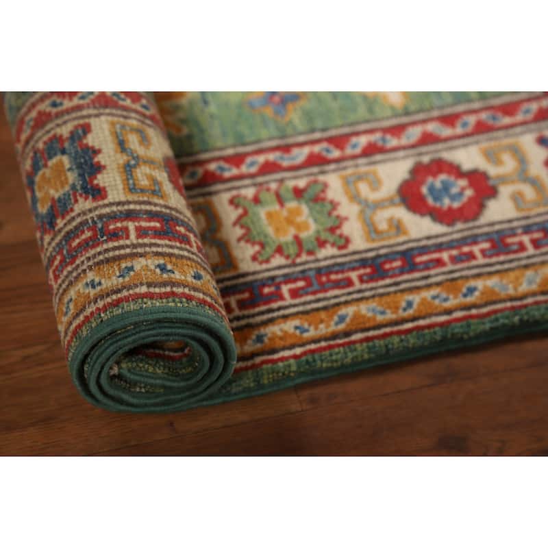 Green Geometric Kazak Foyer Rug Handmade Wool Carpet - 2'6"x 3'10"