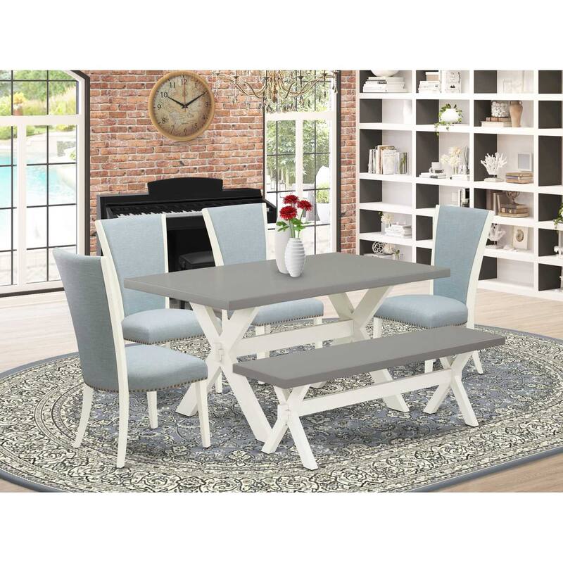 HomeStock 6-Piece Rectangle Natural Oak Finish Solid Wood Top Dining Table with 1-Bench, 4-Chairs