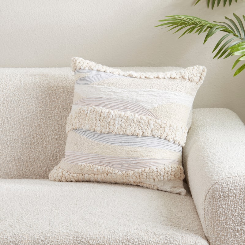Embroidered Stripe Cotton Throw Pillow - Textured Loop & Stitch Design for Sofa, Bed & Accent Styling
