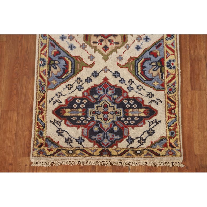 Geometric Beige Kazak Runner Rug Handmade Hallway Wool Carpet - 2'7" x 10'0"