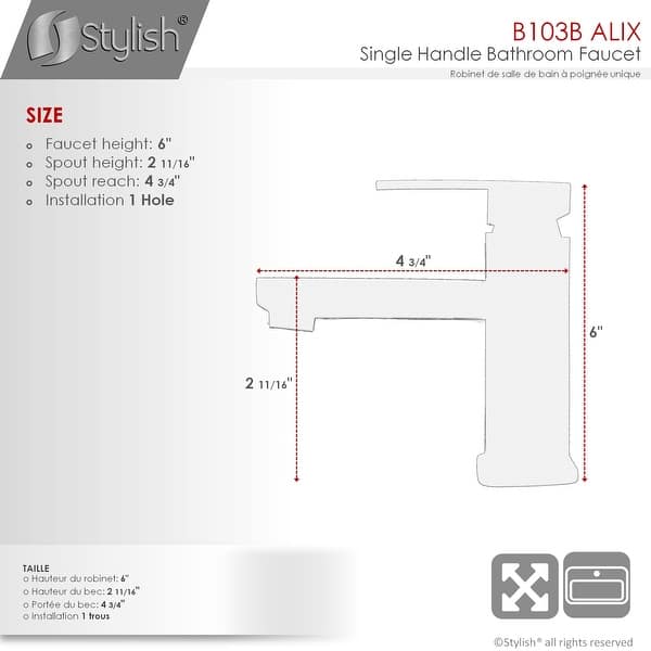 dimension image slide 0 of 3, Single Hole 1-Handle Bathroom Faucet - Faucet Height: 6" | Spout Height: 2 11/16"