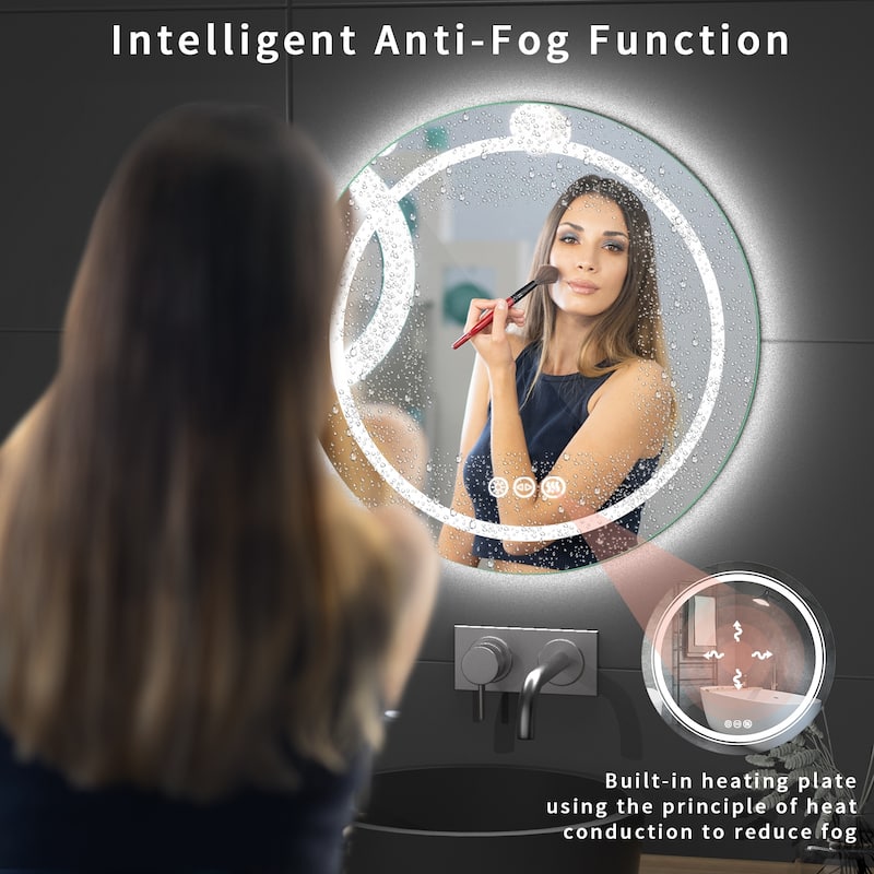 Frameless LED Lighted Round Bathroom Vanity Mirror Dimmable Anti-Fog