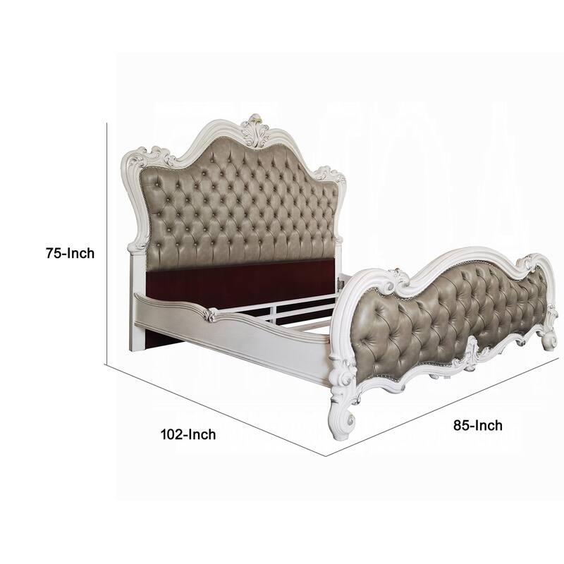 Sicily California King Bed, Classic Carved, Tufted Gray Faux Leather