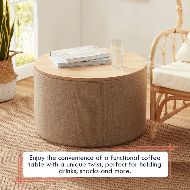 Parker Large Round Storage Coffee Table Ottoman with Wooden Lift Off Lid