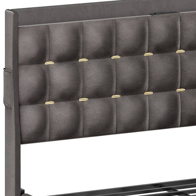 Moasis King Size Velvet Platform Bed with 4 Drawers,Bed Frames with RGB Light & Built-in Charging Station