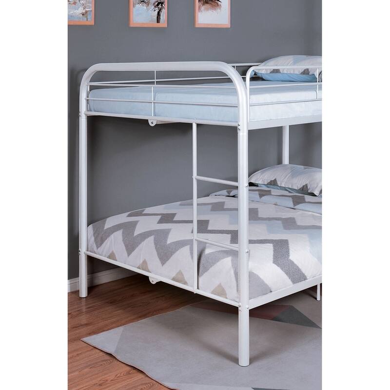 Full Over Full Metal Bunk Bed with Angled Ladder, White, Contemporary Style