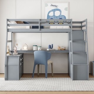 Full Size Gray High Bed Frame with 7 Storage Drawers and 2 Shelves, Pine Wood Loft Bed with Desk, Handrail Stairs, Slat Support